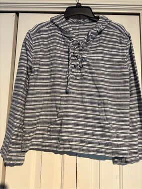 ROXY Striped Hooded Lace-Up Pullover Hoodie - Blue & White